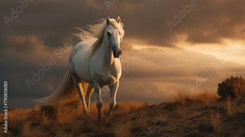 White horse gallops in nature. AI generated.