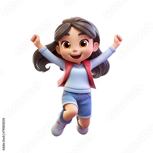 3D happy cartoon girl on transparent background.