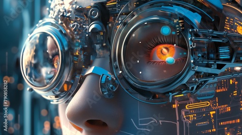 Close-up of a woman in steampunk-style transparent round virtual reality glasses