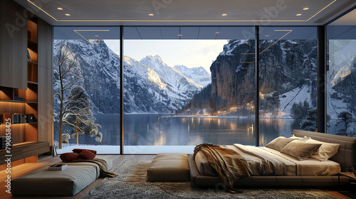 A modern kingsize bedroom with a panoramic window showcasing a breathtaking mountain view. photo