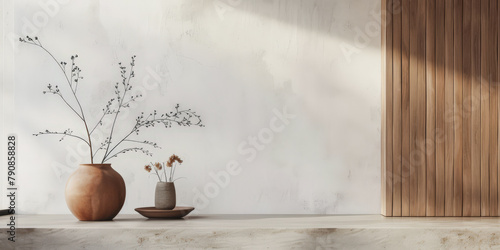 Minimalist interiors decor composition in neutral tones, natural lighting and serene ambients photo