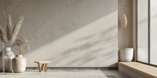 Minimalist interiors decor composition in neutral tones, natural lighting and serene ambients photo