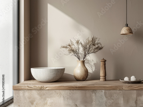 Minimalist interiors decor composition in neutral tones, natural lighting and serene ambients photo