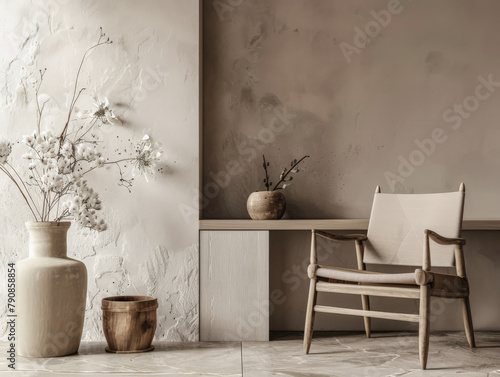 Minimalist interiors decor composition in neutral tones, natural lighting and serene ambients photo