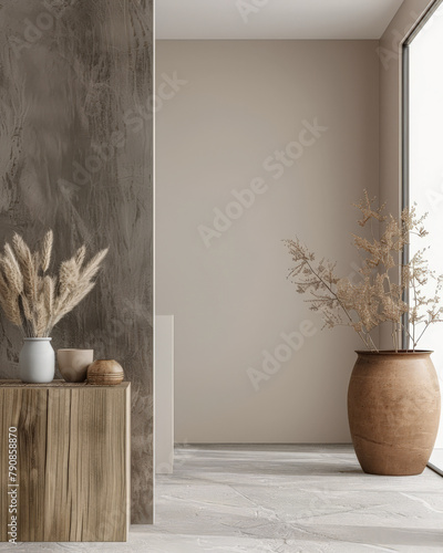 Minimalist interiors decor composition in neutral tones, natural lighting and serene ambients photo