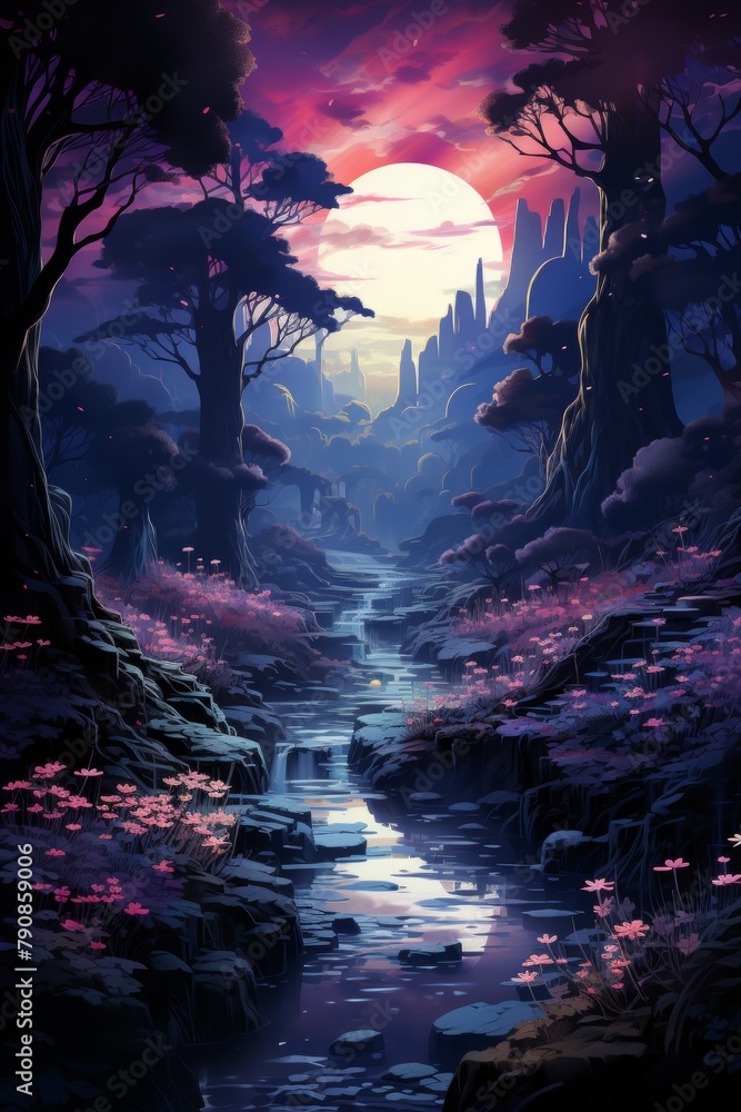 A beautiful, serene forest with a river running through it. The sky is filled with a pink and purple sunset, creating a peaceful and calming atmosphere