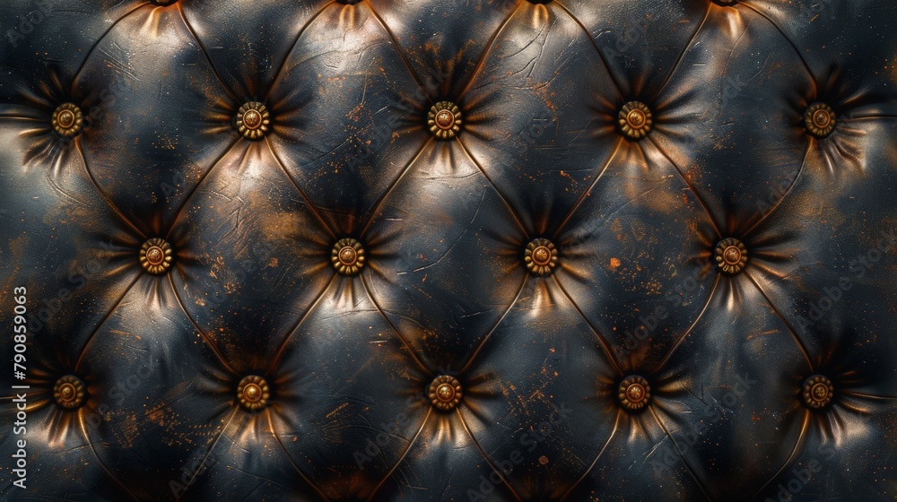 Naklejka premium Close-up of a luxurious black leather tufted upholstery with intricate golden patterns and buttons.
