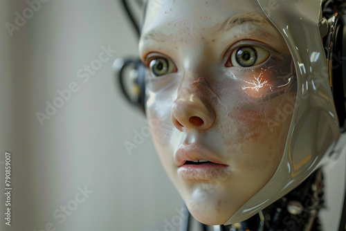 A photorealistic portrait of an AI robot with a creative spark in its eyes.