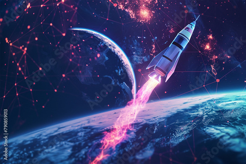 A rocket launching into space with the logo of an AI company, signifying innovation and disruption.