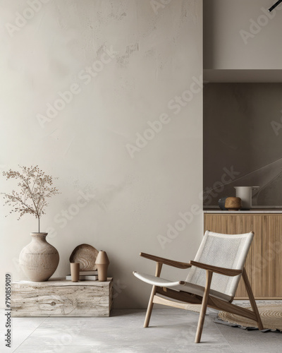 Minimalist interiors decor composition in neutral tones, natural lighting and serene ambients photo