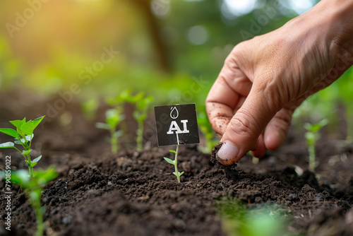 A hand planting a seed labeled "AI" in fertile soil, representing the potential of AI to grow businesses.