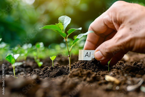A hand planting a seed labeled "AI" in fertile soil, representing the potential of AI to grow businesses.