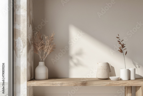 Minimalist interiors decor composition in neutral tones, natural lighting and serene ambients photo