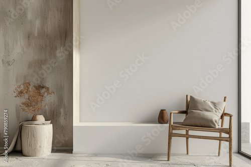 Minimalist interiors decor composition in neutral tones, natural lighting and serene ambients photo