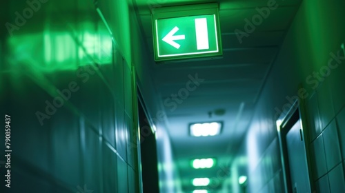 Building corridor with light green emergency exit sign hanging on ceiling. AI generated image