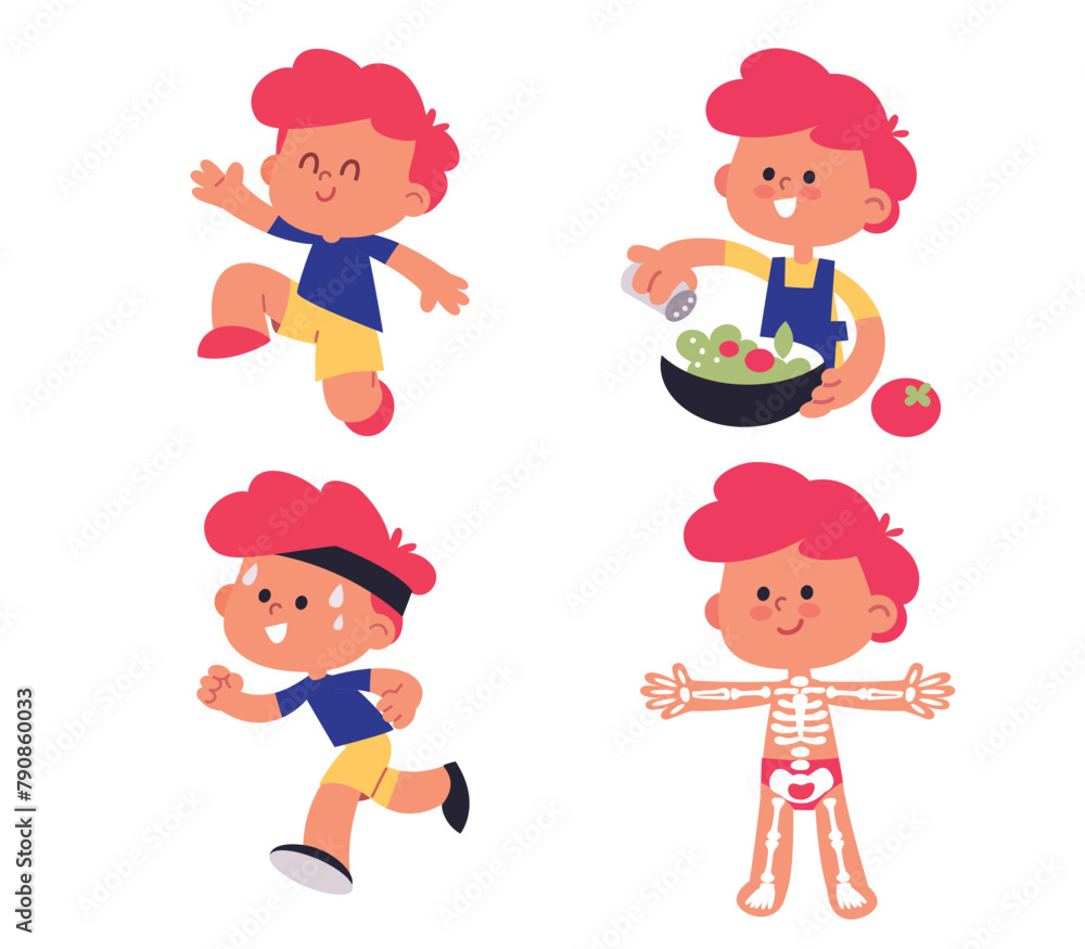 Boy and daily morning routine. Children healthy lifestyle, eating, cooking. Kid accomplishes physical routine jumps and dances. Happy fit sporty active child having fun. Kid anatomy, skeleton. Boy and daily morning routine. Children healthy lifestyle, eating, cooking. Kid accomplishes physical routine jumps and dances. Happy fit sporty active child having fun. Kid anatomy, skeleton.