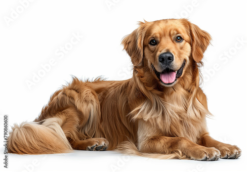 A Golden Retriever is portrayed lying down gracefully, looking at the camera with friendly eyes. Its shiny golden fur and affable expression suggest a well-cared and gentle nature.