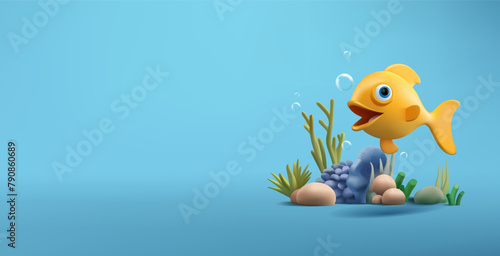 Coral reefs and smiling goldfish, 3D. Banner for advertising. Vector