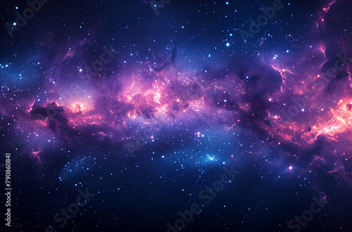 A panoramic view of a nebula, where stars are born, reveals the beauty of the universe with clouds of dust and gas glowing in intense shades of purple and pink against the contrasting deep blue sky.