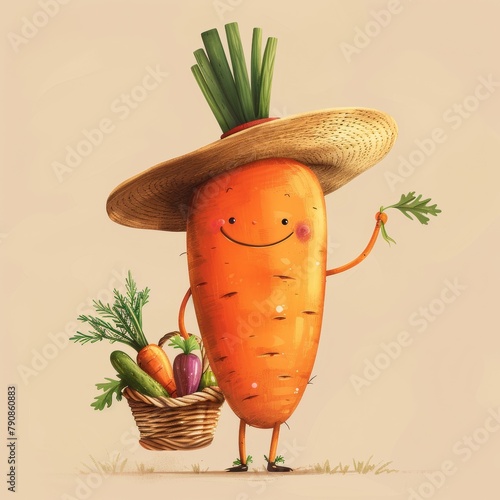 Illustration of a whimsical carrot character wearing a straw hat and holding a basket of fresh vegetables, promoting healthy eating. 