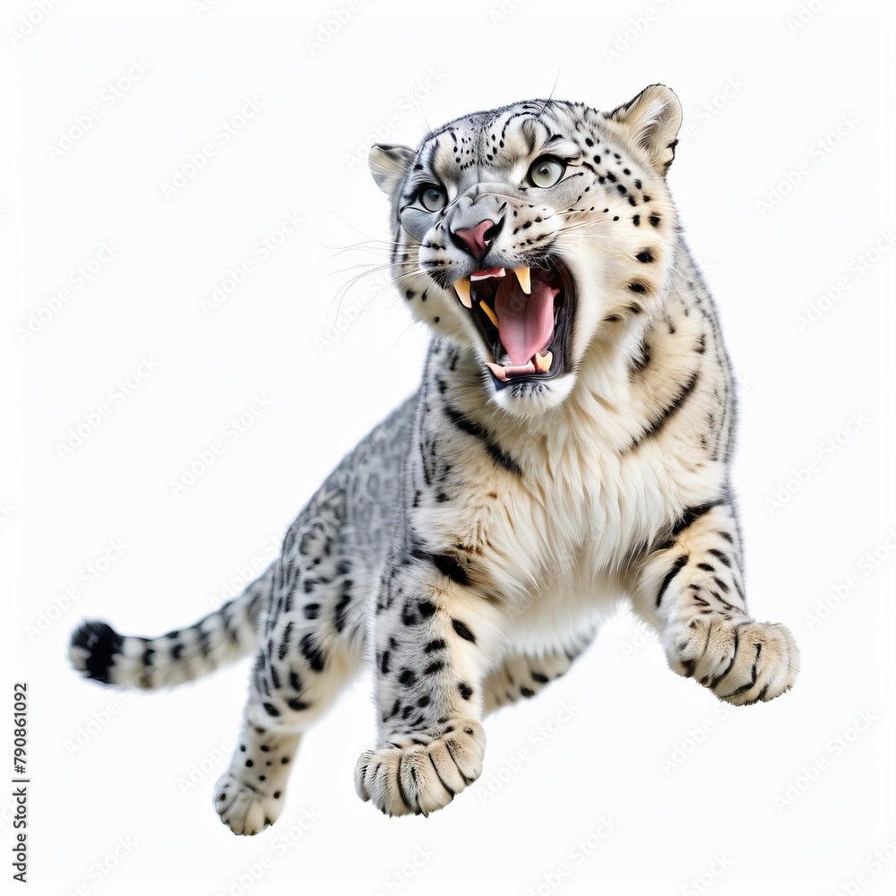 Snow leopard (Panthera uncia). Leopard, full length, isolated on white background Snow leopard (Panthera uncia). Leopard, full length, isolated on white background