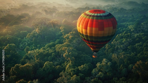 A colorful hot air balloon soars above a lush, mist-covered forest at sunrise, invoking a sense of adventure and tranquility. photo