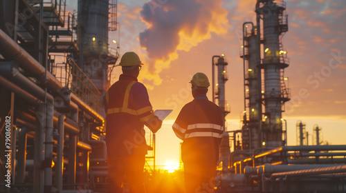 Industrial Workers Overlooking Refinery at Sunset. Two industrial workers in safety gear evaluate operations at a busy refinery against the backdrop of a dramatic sunset. photo