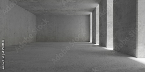 Abstract empty, modern concrete room with pillars and openings on the right wall and rough floor - industrial interior background template © Shawn Hempel