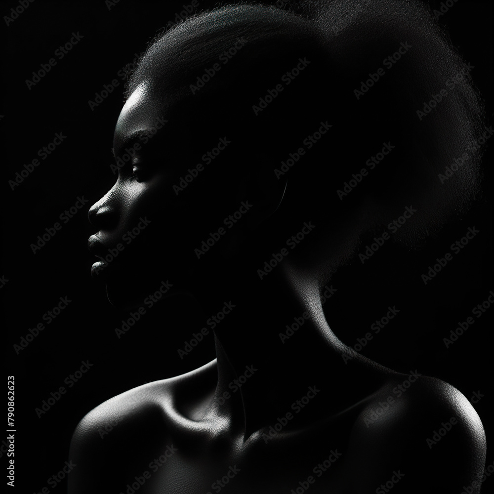 Black background Rim light a young black woman in profile photography, with the light shining on her face