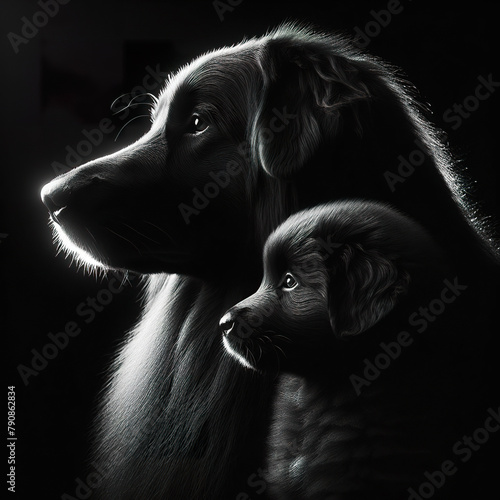 Black background Rim light Dog mother and her baby in profile photography, with the light shining on its fur
