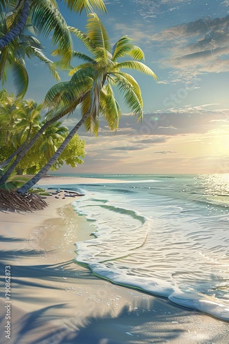 Beach with palm trees  the sun is setting. photorealism 