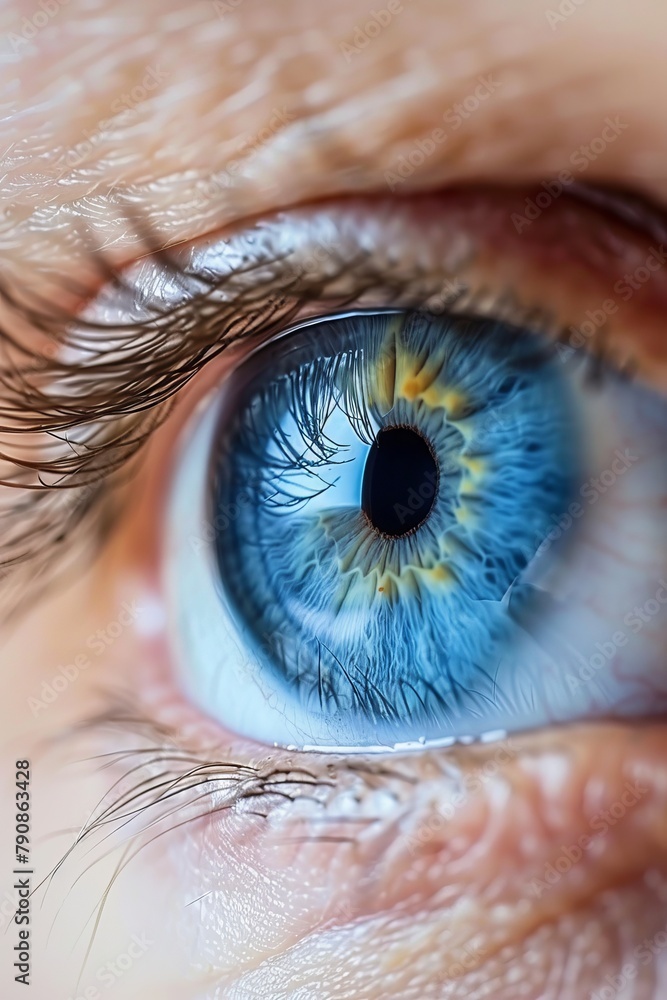Fototapeta premium Closeup shot, blue human eye. Frontal view. High Definition. Cinametic Still. 