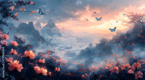 Ethereal Elysium: Ghostly Butterflies, Cloud Nymphs, and Glowing Flowers