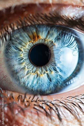Closeup shot, blue human eye. Frontal view. High Definition. Cinametic Still. 