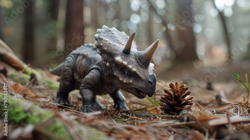 A small triceratops puppy playing fetch with a pine cone in a forest