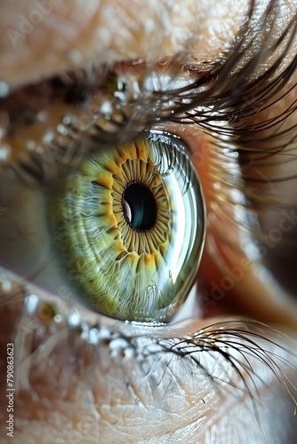 Closeup shot, green human eye. Frontal view. High Definition. Cinametic Still. 