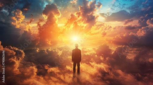 A man standing in the middle of a cloud filled sky, AI