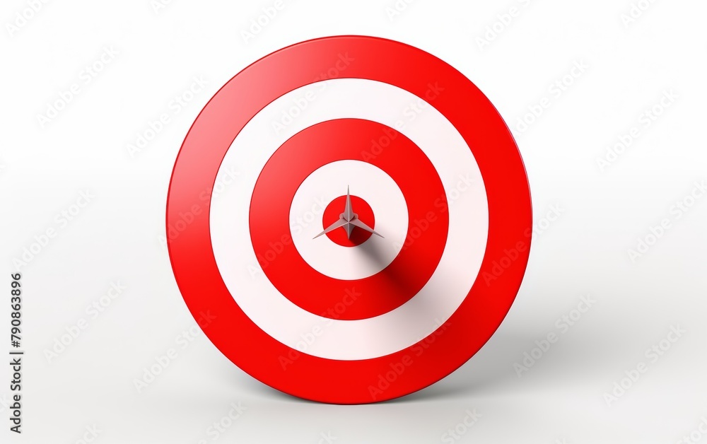 A red dart stuck in the center of the target, isolated on white background, achieve goal of success. Generative AI.