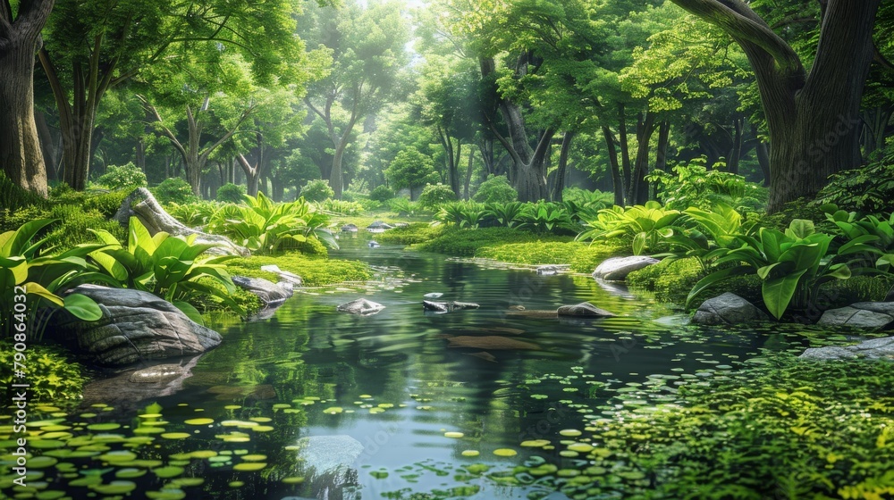 A lush green forest with a river running through it
