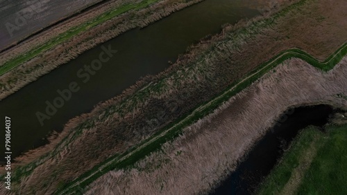 An aerial view directly above the River Waveney at Herringfleet, Suffolk, UK