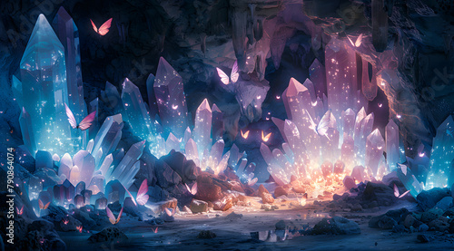 Crystal Glow: Bioluminescent Cavern with Butterflies and Mythical Creatures