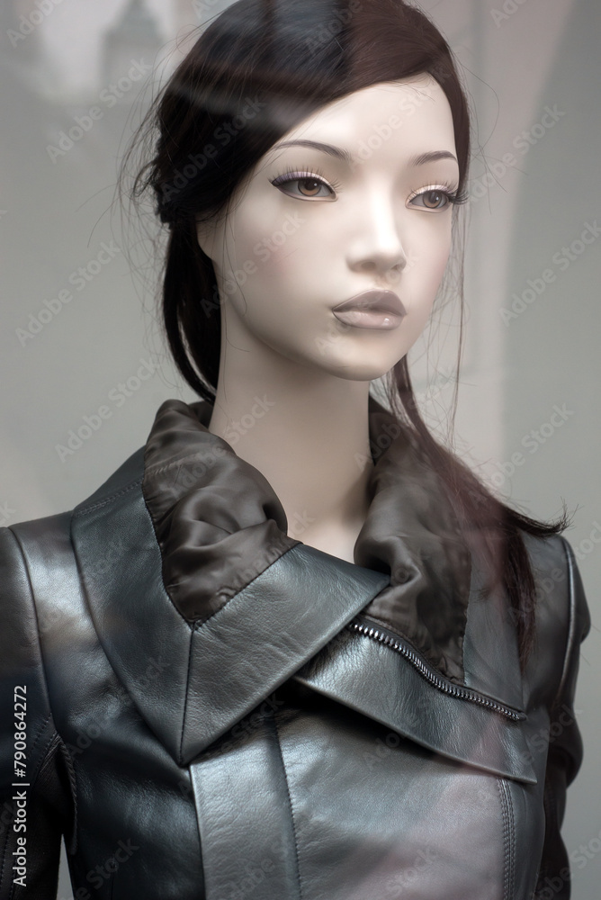 portrait of brunette mannequin in a fashion store showroom portrait of brunette mannequin in a fashion store showroom