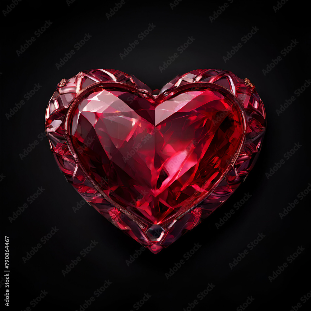 Title: Title: heart shaped diamond valentines-day-banner-ruby-gemstone-heart-shape black-on-dark-background

