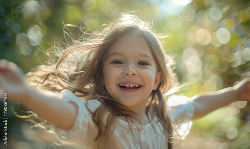 Close up portrait of a happy little girl with open arms outdoors. Her long hair is flying in the wind as she has fun and laughs