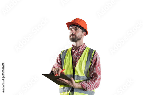 Male worker holding clipboard during working on transparent background. Male engineer working on transparent background