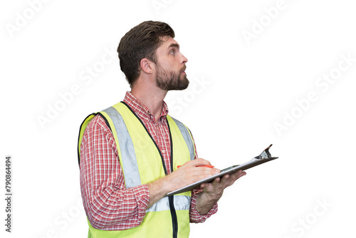 Male worker holding clipboard during working on transparent background. Male engineer working on transparent background