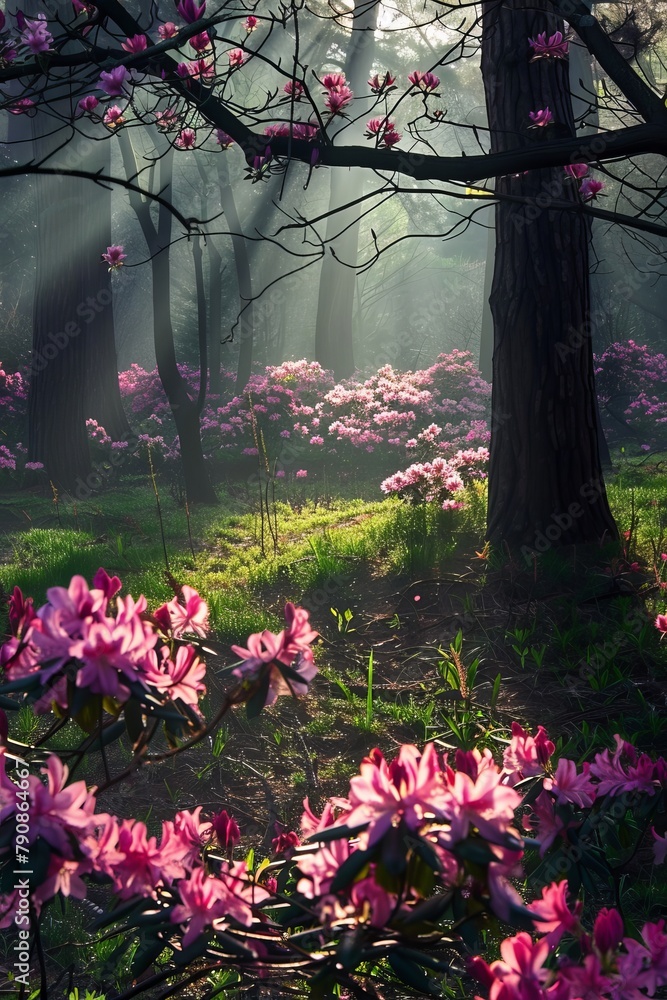 In the early morning of spring, in the park, the warm sunlight filtered through the trees and shone on the lawn, which was dotted with numerous pink flowers. 