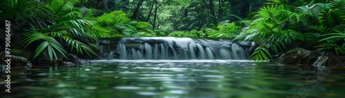 A stream of water flows through a lush green forest