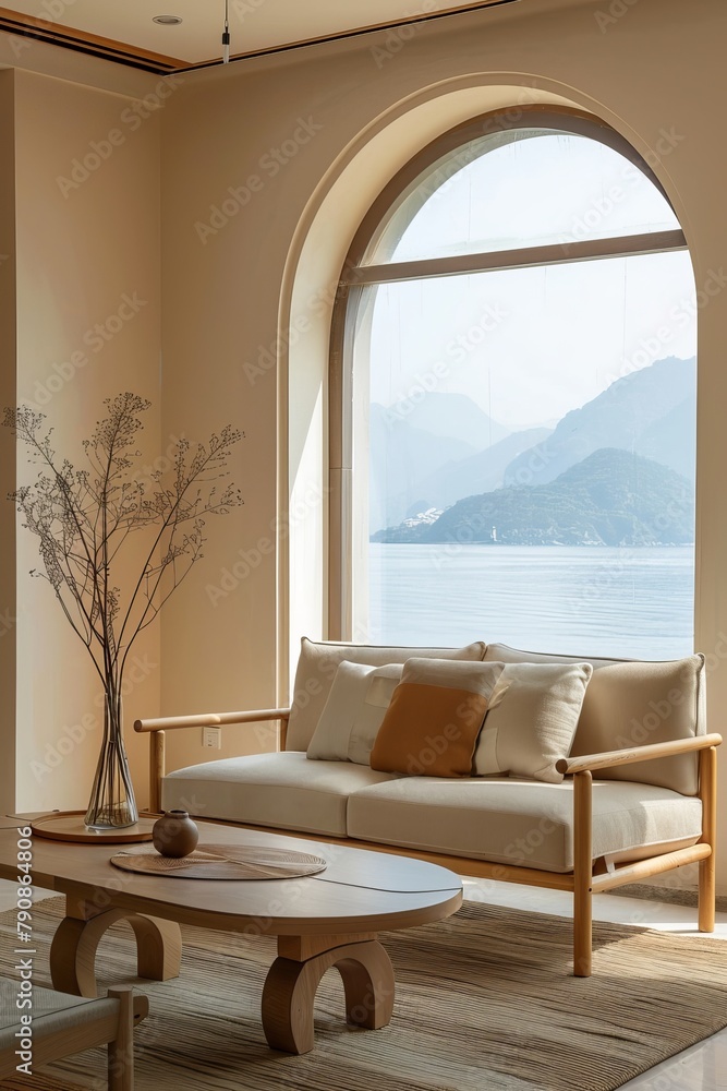 Modern Chinese style interior design, living room with sofa and coffee table, wall arched window with view of mountains and sea, 
