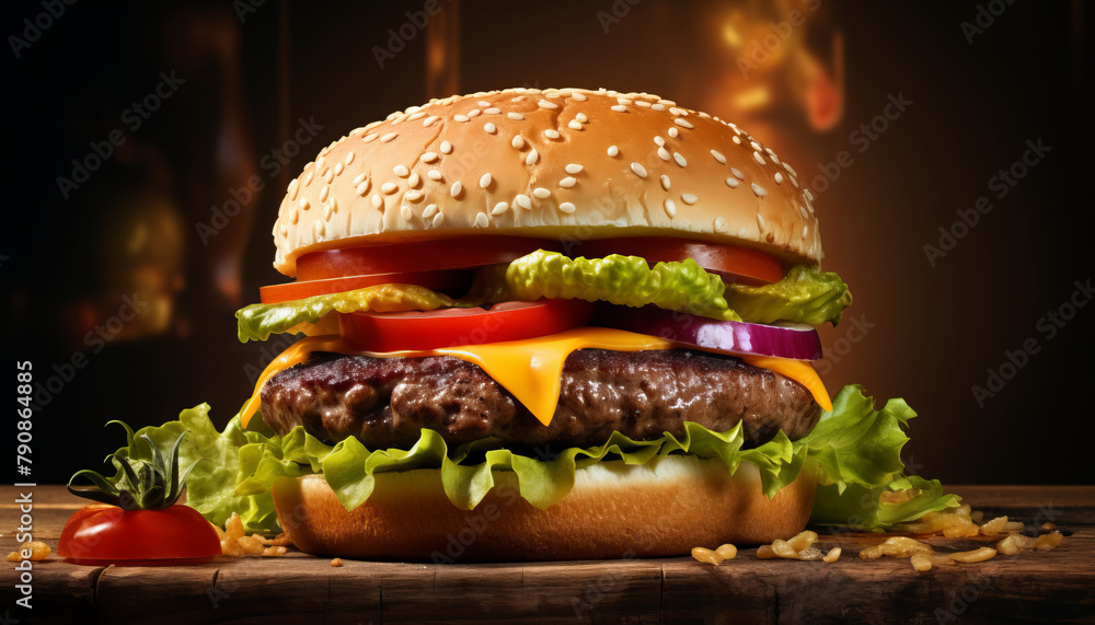 A large hamburger with lettuce, tomatoes, and onions on a wooden table A large hamburger with lettuce, tomatoes, and onions on a wooden table
